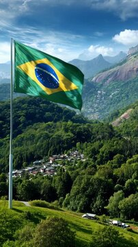 The Brazil flag waves in the wind, symbolizing national pride among greenery and mountains on Independence Day.