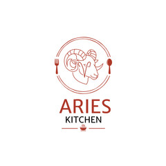 Aries Kitchen Logo With Ram Head And Culinary Symbol logo Vector