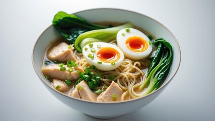Boiled ramen with eggs, vegetables, and chicken in a soup bowl. Healthy Japanese noodle dish featuring soft-boiled eggs and fresh greens.