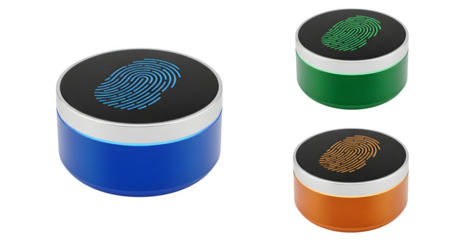 Colorful sleek fingerprint scanners display futuristic biometric technology for product showcases or technology-driven social media branding.