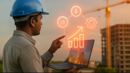 Engineer with laptop on a construction site pointing at data, graphs, and financial growth symbols, showcasing project management and development. - Powered by Adobe