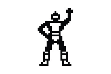 Obraz premium Pixelated Black Character with Raised Hand and Hand on Hip on White Background