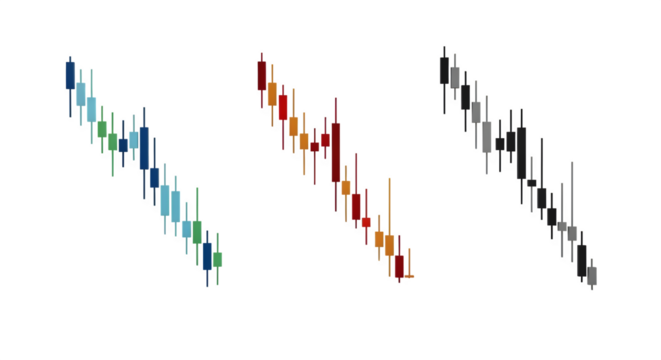 Candlestick charts display data with a financial theme. Stock market indicators are ideal for presentations or websites.