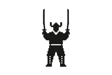 Pixelated Black Knight Holding Swords Up, Retro Game Warrior, White Background