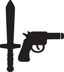A black silhouette of a sword and a revolver gun side by side