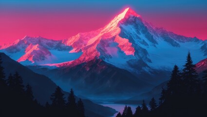 Fototapeta premium Colorful mountain landscape with snow-capped peaks, vibrant pink and blue sky, and silhouettes of trees in the foreground.