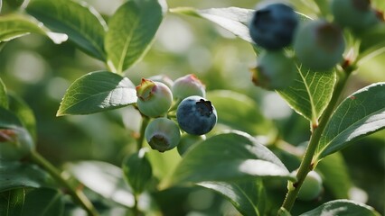 Close-up of Blueberries Growing on a Bush with Green Leaves