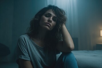 Portrait of a sad woman, with disheveled brown hair, in a dimly lit room with a bed visible in the background, looking forlorn and thoughtful