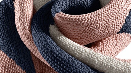 Close-up of a folded knit scarf with textured stripes in pink, navy, and cream, creating a cozy and soft visual appeal on a bright background