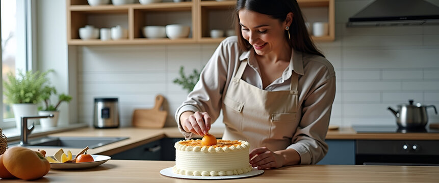 Contemporary kitchen setting where a skilled mother decorates a gourmet cake with precision and creative flair highlighting innovative baking techniques and refined aesthetics for professional imagery