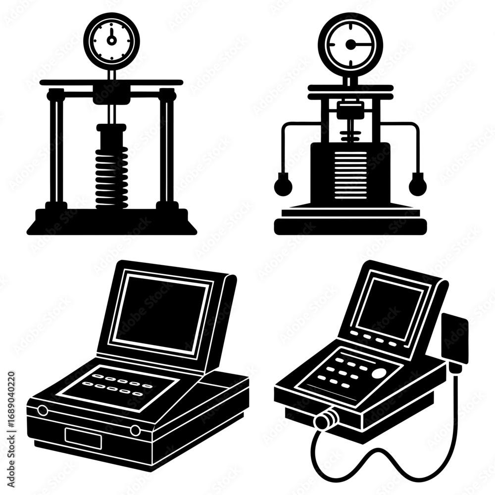 Fototapete illustration of two different types of machines with gauges and two types of computers in black and 