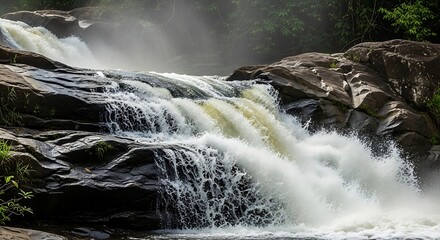 Majestic waterfall cascading over dark, textured rocks in a misty forest setting.