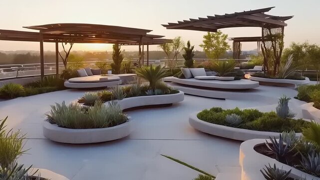 An elegant rooftop garden with sunken seating, lush plants, and pergolas at sunset