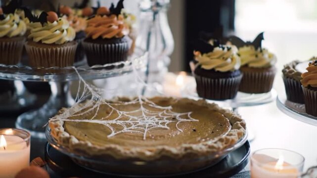 A spooky and sweet Halloween dessert table display featuring a delicious pumpkin pie with a spiderweb design and festive cupcakes