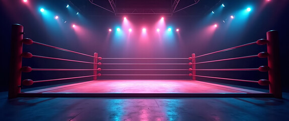Dynamic view of professional wrestling ring illuminated with vibrant lights in Photo Stock Concept, featuring an empty space on the left side for text or graphics.