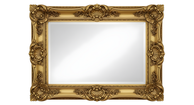 Ornate gold frame features detailed carvings on a white backdrop for mockup templates, design elements, and decorative presentations. - Powered by Adobe