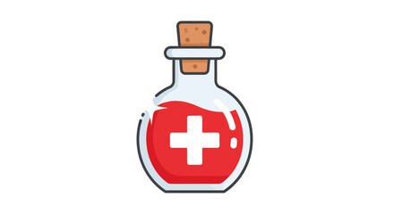 Cartoon Potion Bottle with Red Liquid and Cross Symbol.
