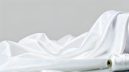 Luxurious White Silk Fabric Rolled and Spread on Neutral Surface