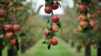Fototapeta premium Heavy branches laden with ripe red apples frame a view down a long row of trees in a tranquil orchard.