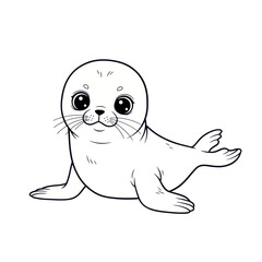 Obraz premium Adorable cartoon baby seal pup with large expressive eyes, a black and white line art illustration.