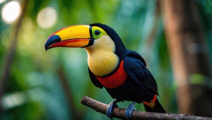 Obraz premium Tropical toucan bird perched on a branch in lush green forest. Colorful beak and vibrant feathers. Nature and wildlife, zoo, exotic animal. The concept of biodiversity and bird species.
