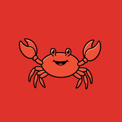 Fototapeta premium Cheerful Cartoon Crab with Claws Raised, Red Shell, Simple Line Art Style.