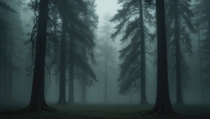 Fototapeta premium Dense forest with tall trees shrouded in mist, creating a mysterious and serene atmosphere.