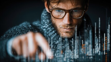 Man analyzing futuristic digital city interface