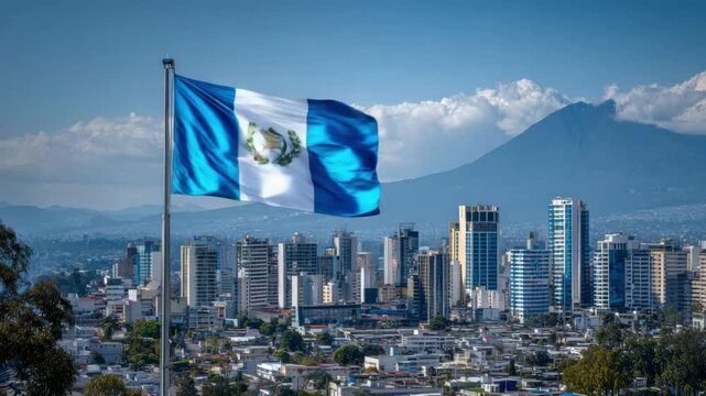The flag of Guatemala waves in the wind against a backdrop of a vibrant city during a patriotic celebration day.