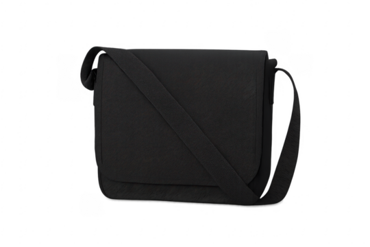 Black messenger bag with transparent background for easy editing