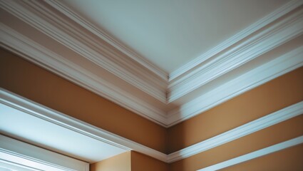Ceiling corner with detailed molding and trim in a room with neutral wall colors.