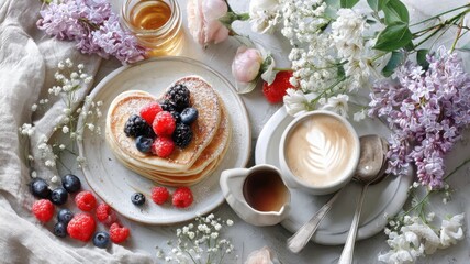 Heart-shaped pancakes and coffee create a romantic Valentine's breakfast setting