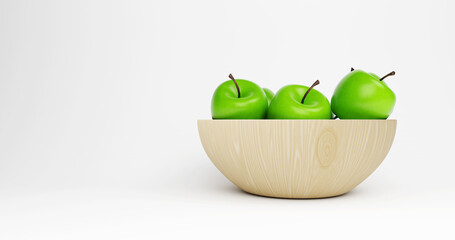 Wooden Bowl Filled with Green Apples on White Surface