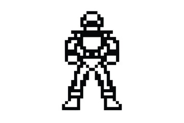 Pixelated Character in Full Armor Isolated on White Background