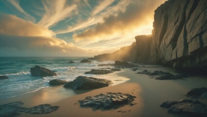 Coastal landscape with cliffs and rocks at sunset, ocean waves, and cloudy sky. Nature scenery with dramatic lighting and shoreline.