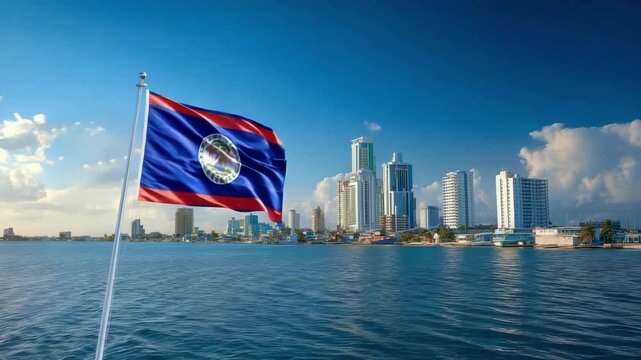 Belize flag flutters in the wind with a vibrant city skyline and water view, celebrating Independence Day and flag day. - Powered by Adobe