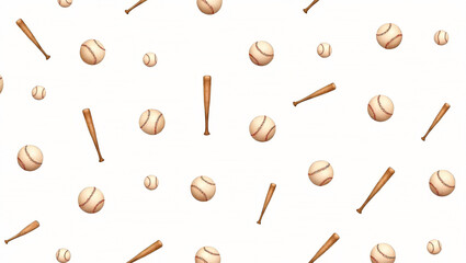 Hand drawn watercolor seamless pattern Baseball and baseball bat. softball baseball bat scarf. Repeated background in retro style. Sport pattern.