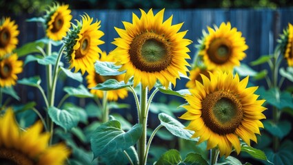 Fototapeta premium Bright sunflower flowers in a garden with green leaves and a wooden fence in the background.