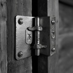 Close up of a weathered rustic metal hinge attached to a wooden door or frame in black and white