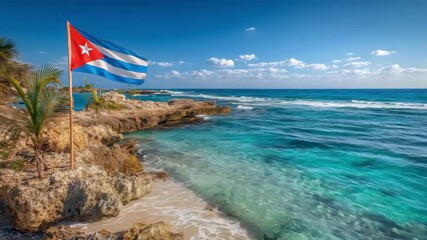 The Cuba flag flutters beside sparkling blue waters, proudly celebrating Independence Day on a sunny day.