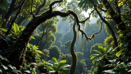 tropical forest with creepers draping over trees, supporting small mammals and insects, cinematic photorealistic wide shot showcasing ecological importance of vines vividly