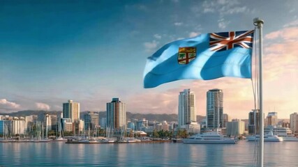Flag of Fiji flutters against the backdrop of Suva's skyline, celebrating Independence Day with pride and joy.