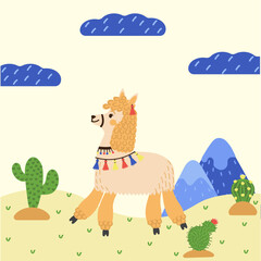 Lama on the prairie, alpaca, children's drawing, cartoon style, cacti, landscape, Mexico, mountains