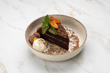 Chocolate cake slice with ice cream, grapes, mint and fruit on elegant white ceramic plate