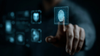 Cybersecurity Analyst in Dark Room with Holographic Interface, Fingerprint, Shield, AI, Data Security Icons, Futuristic Neon Blue Projection