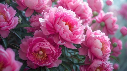 Fototapeta premium Pink peonies in full bloom with vibrant petals and green foliage.