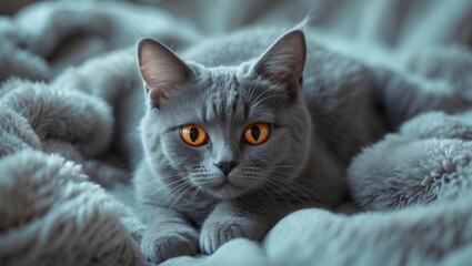 A gray cat with orange eyes lying on a soft blanket.