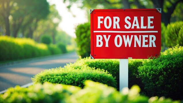 "For Sale by Owner" sign on a green hedge near a road.