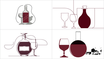 Collection of wine illustrations with bottles and glasses in various styles and compositions