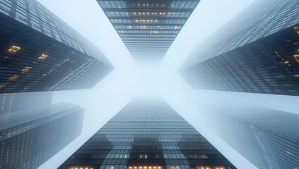 Fog-shrouded skyscrapers, low angle view.  Modern city buildings pierce a hazy sky